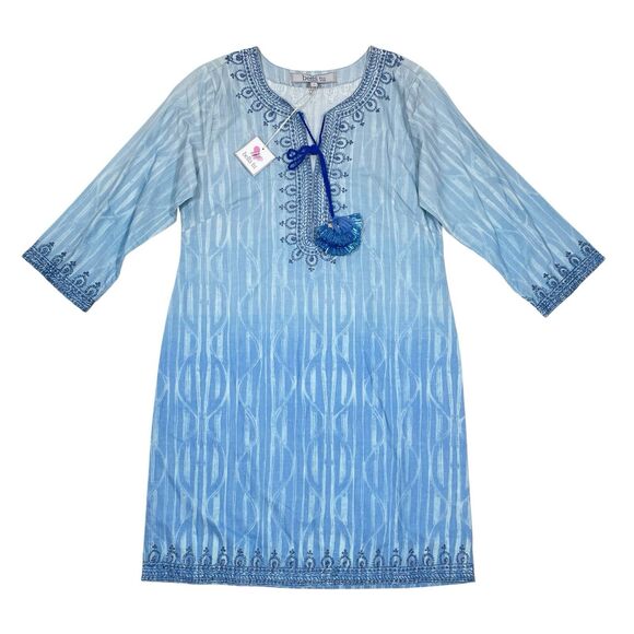 Bella Tu Dress Size Small Blue Tassels 3/4 Sleeves Resort Vacation Shift Coastal - Picture 1 of 9